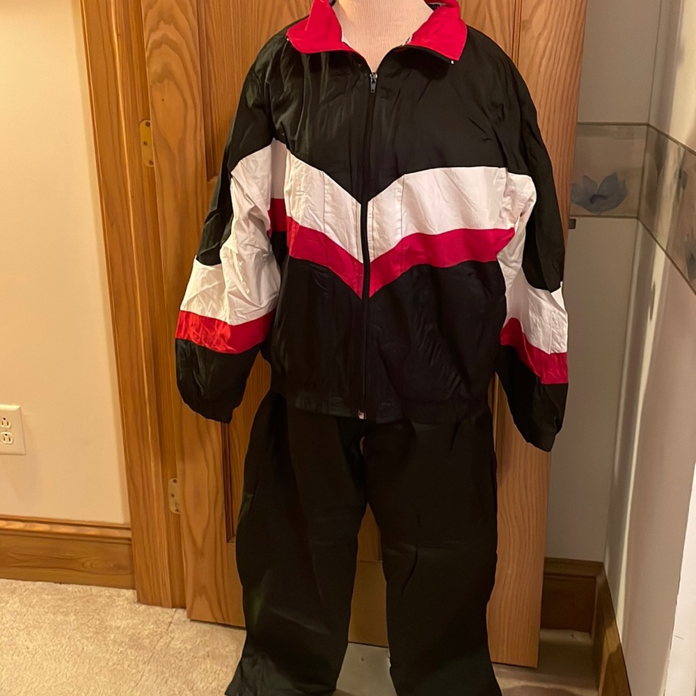 Black, red, & white wind suit athletic style zipper jacket & straight leg pants